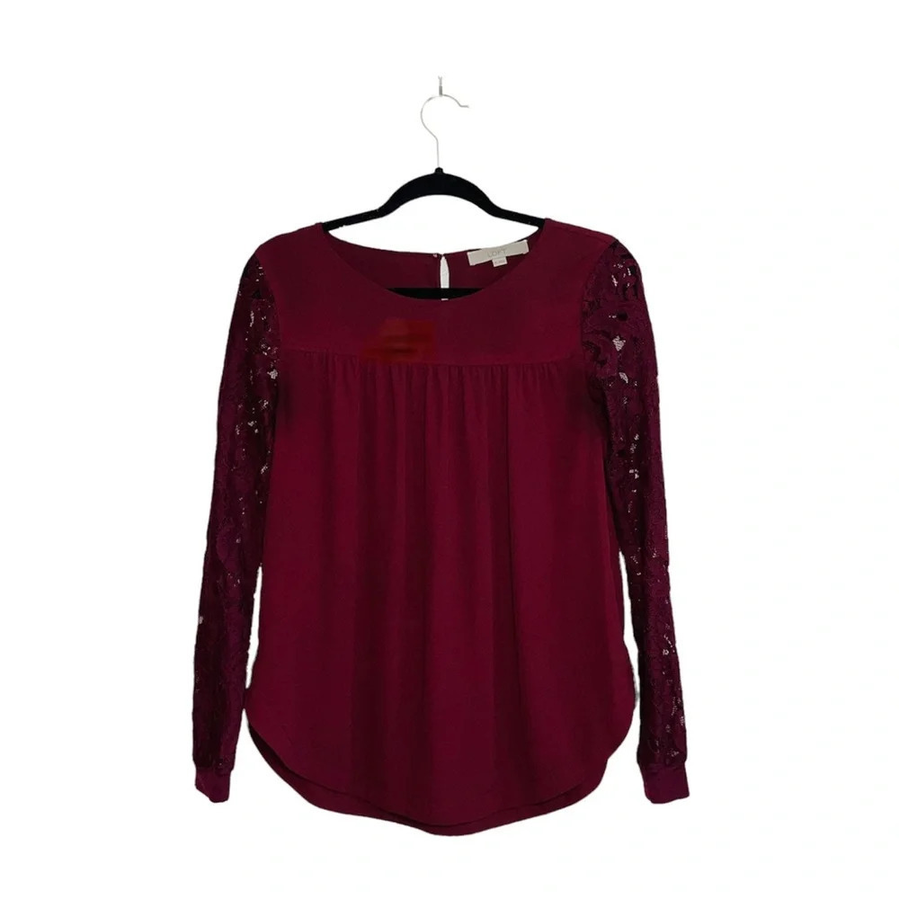 Ann Taylor LOFT Maroon Sheer Lace Sleeve Contrast Blouse Xsmall Women’s
